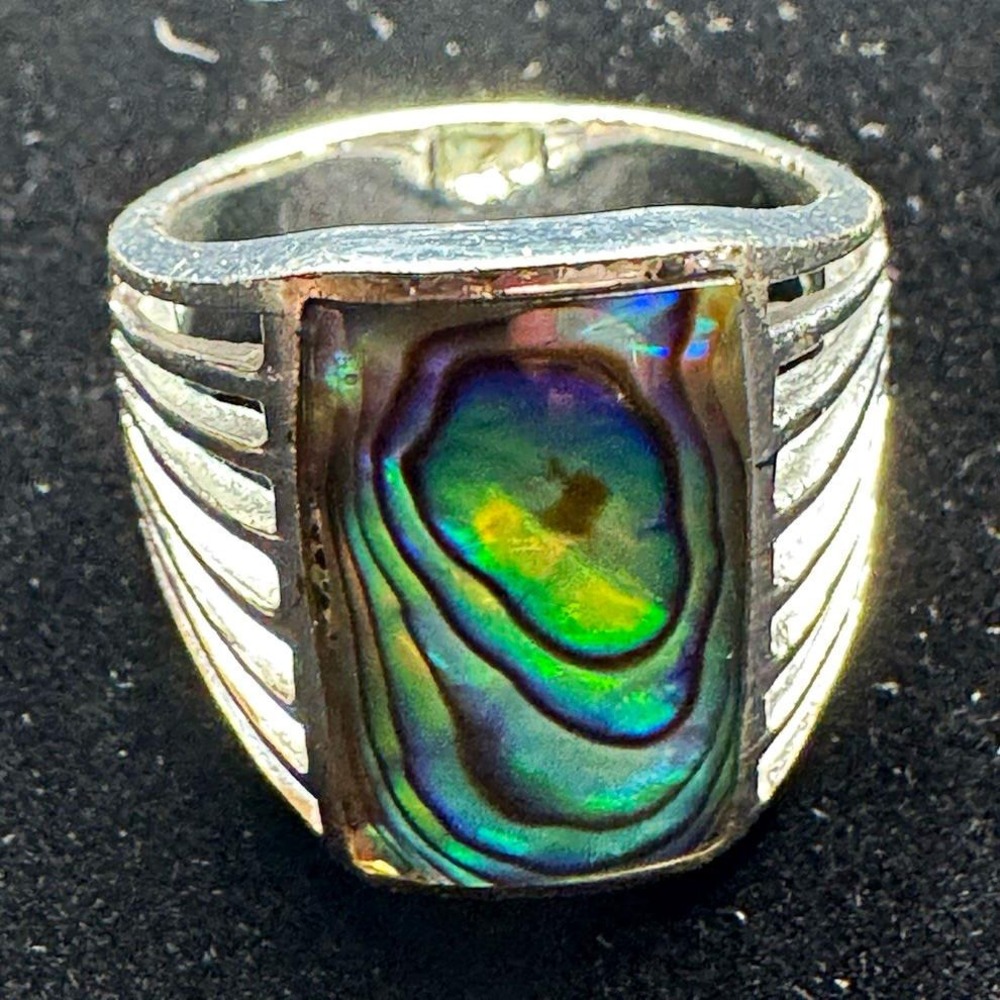 925 Sterling Silver Abalone Rectangle Bezel Set Signet Ring Size 8 9mm